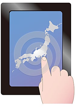 A hand handling a map of Japan on a tablet