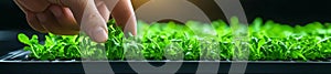 Hand Harvesting Fresh Arugula Microgreens in a Hydroponic System photo