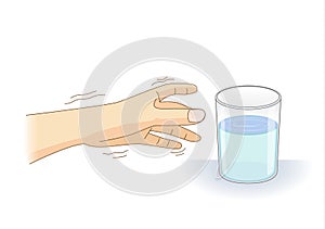 A Hand have tremor symptom reaching out for a glass of water.