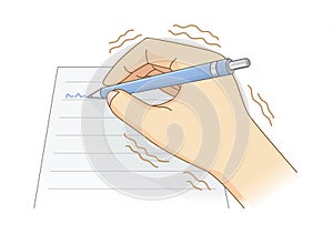 Hand have tremor symptom while writing with a pen.