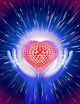 Hand Heart Light Beam Magic Power Love Background Blue