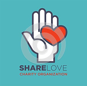 Hand and heart social love and charity organization concept vector flat icon