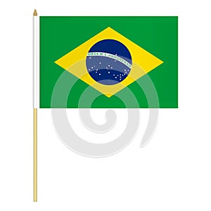 Hand held Brazilian flag isolated on white background, vector illustration. Mini flag of Brazil on pole