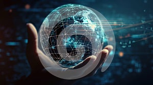 Hand held globe with connection technology.Metaverse Technology.
