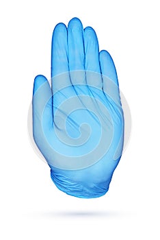 Hand high five or stop sign in blue protective glove isolated
