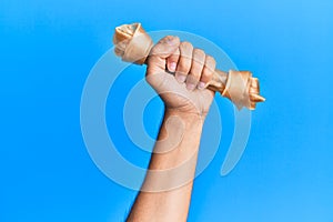 Hand of hispanic man holding dog bone over isolated blue background