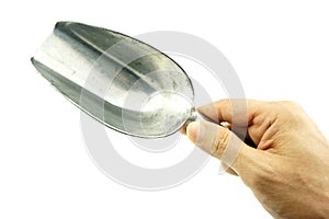 Hand hold aluminum scoop ice isolated