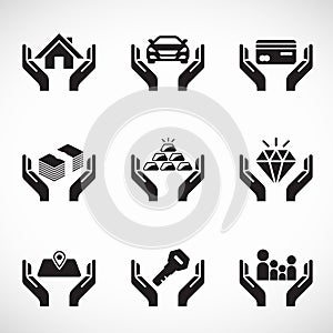 Hand hold asset and insurance icon business vector set design