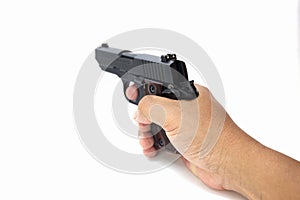 Hand hold automatic pistol isolated on white background