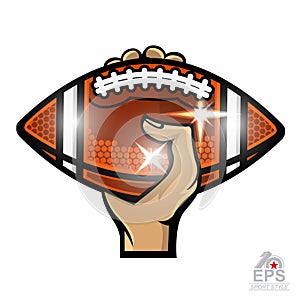 Hand hold ball american football. Sport logo isolated on white for any team