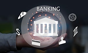 hand hold bank graphic show finance and business investment concept