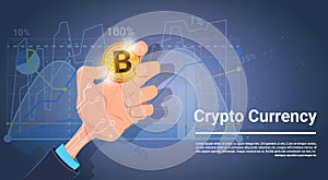 Hand Hold Bitcoin Over Charts And Graphs Background Digital Crypto Currency Concept