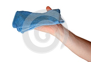 Hand hold blue dirty cloth rag wiping cleaning