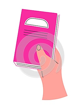 Hand hold book icon. Concept of literature, dictionaries, encyclopedias. Hand with planners with bookmarks in doodle