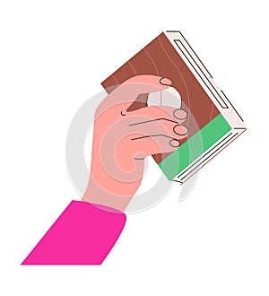 Hand hold book icon. Concept of literature, dictionaries, encyclopedias. Hand with planners with bookmarks in doodle