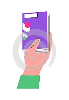 Hand hold book icon. Concept of literature, dictionaries, encyclopedias. Hand with planners with bookmarks in doodle