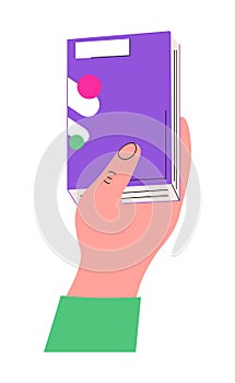 Hand hold book icon. Concept of literature, dictionaries, encyclopedias. Hand with planners with bookmarks i