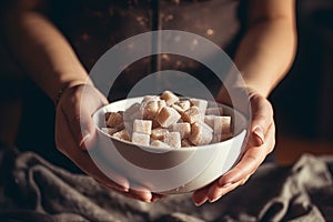 hand hold bowl of sugar cubes