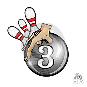 Hand hold bowling ball with number three in center and skittles. Sport round logo for any team or championship isolated on white