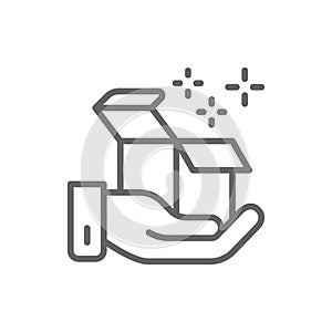 Hand hold box, delivery, gift, parcel line icon.