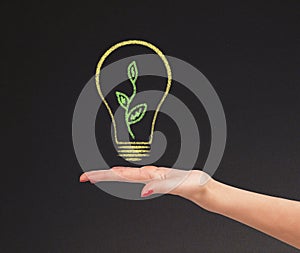 Hand hold bright light bulb with board