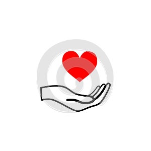 Hand hold a bright red heart, healthcare concept black outline icon on white