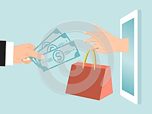 Hand hold cash money, woman arm take handbag, online shopping vector illustration. Female use gadget for buying