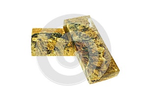 Hand hold casting epoxy resin Stabilizing burl wood gold abstract art white background