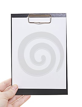 Hand hold clipboard with blank sheet of paper isolated on white background