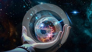 hand hold earth globe cosmic univerce starry flares planet concept