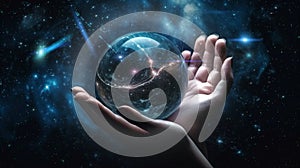 hand hold earth globe cosmic univerce starry flares planet concept