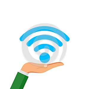 Hand hold free WiFi icon isolated on white background. Wireless internet connection concept. Network logo. Vector flat design