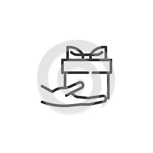 Hand hold gift box line icon