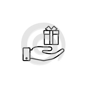 Hand hold Gift icon. Vector isolated outline illustration