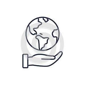 Hand hold globe world line icon. Earth help logo planet protect concept vector global ecology