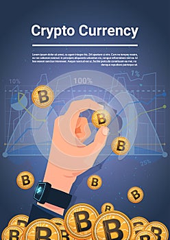 Hand Hold Golden Bitcoin Over Charts And Graphs Background Digital Crypto Currency Concept