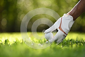 Hand hold golf ball with tee on golf course