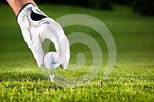 Hand hold golf ball with tee on course photo