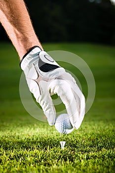 Hand hold golf ball with tee on course