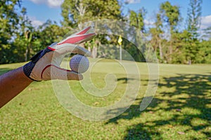 Hand hold golf ball with tee on course, golf course background