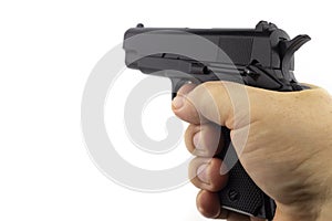 Hand hold gun isolated on white