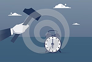 Hand Hold Hammer Broking Alarm Clock Time Management Concept