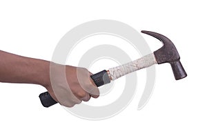 Hand hold hammer on white background