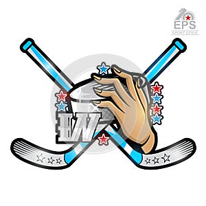 Hand hold hockey puck with crosses hockey stick and letter w. Vector sport logo isolated on white