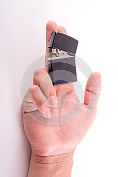 Hand hold holding lighter, on white background