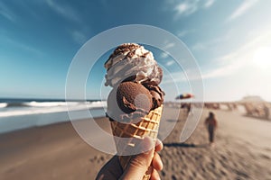 Hand hold ice cream beach. Generate Ai