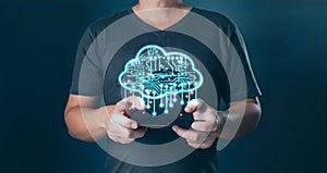 Hand hold icon cloud computing technology.secure backup online digital networking and internet connection service concept.data