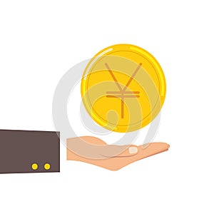 Hand hold Japanese yen coin isolated on background. Money, currency Cash symbol icon. Business, economy concept.