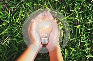 hand hold light bulb on grass with sunset power concept