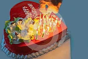 Hand hold lighter burning candlestick on red birthday cake. Anniversary party occasion with good wish and fire on the candle stick